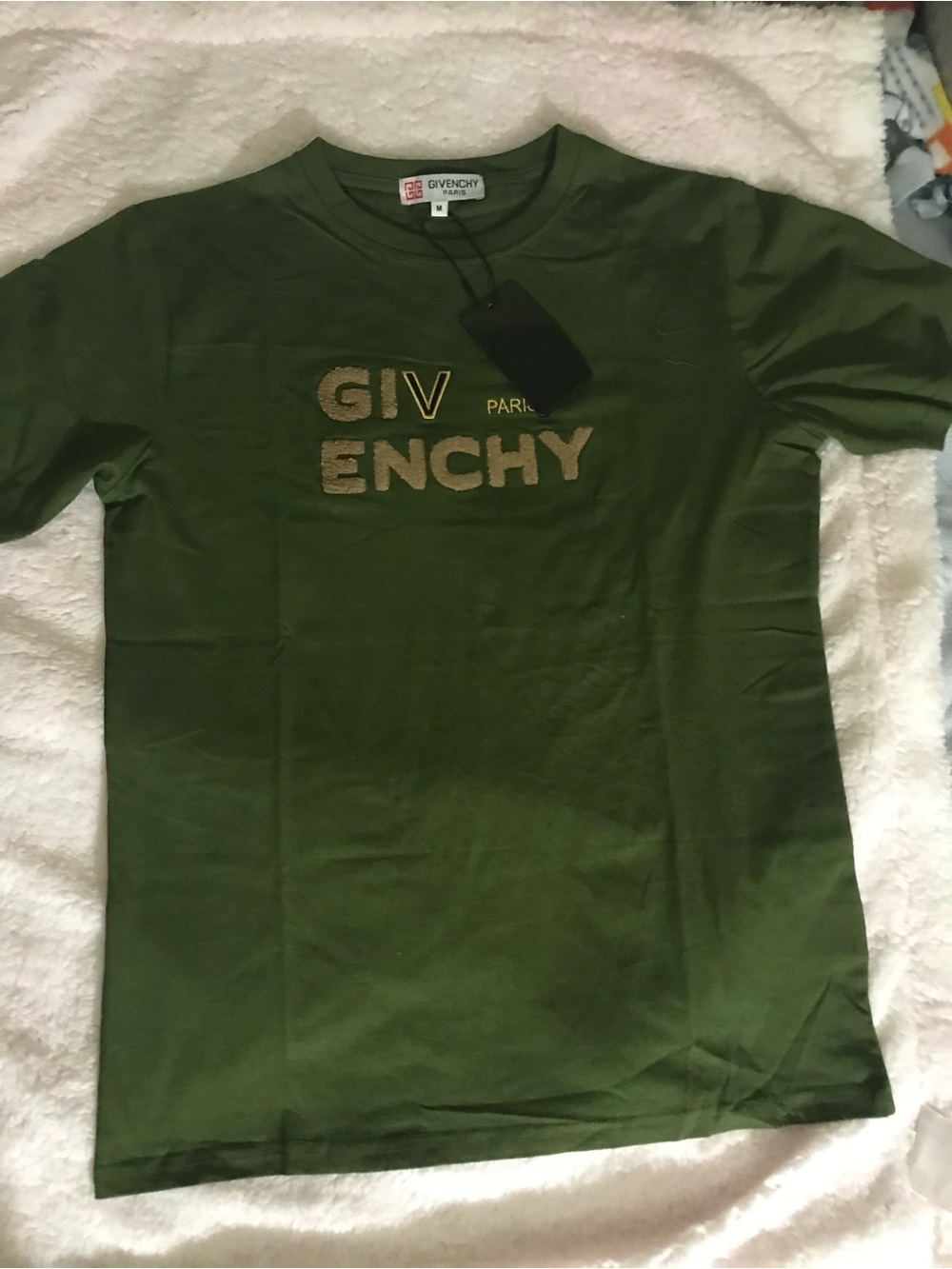 Givenchy Olive Green Short-Sleeve Logo Tee with Gold Embroidery